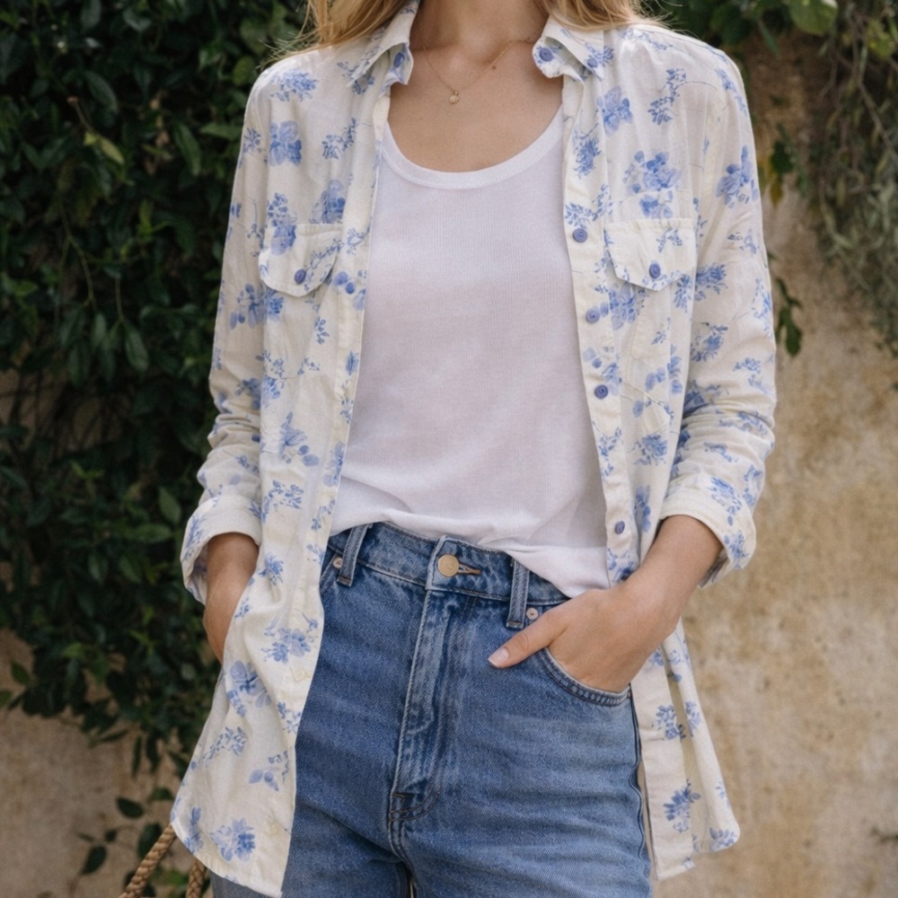 MÉME CHOSE x LAURA ASHLEY Blue Floral Cotton Poplin Button Down Shirt Romantic